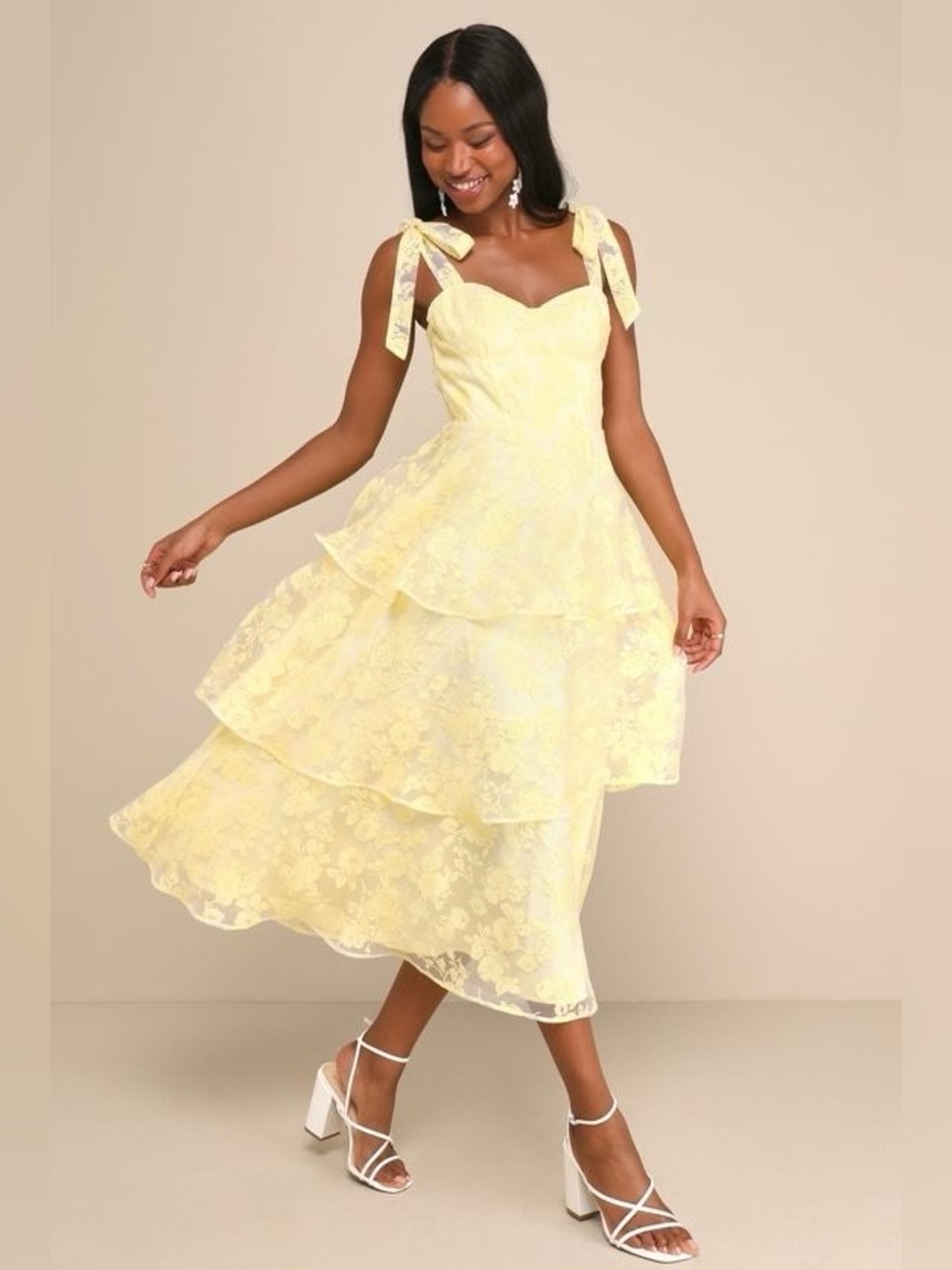 LULUS Floral Burnout Chiffon Sweetheart Bustier Tier Ruffle Fairycore Dress M - Picture 4 of 10